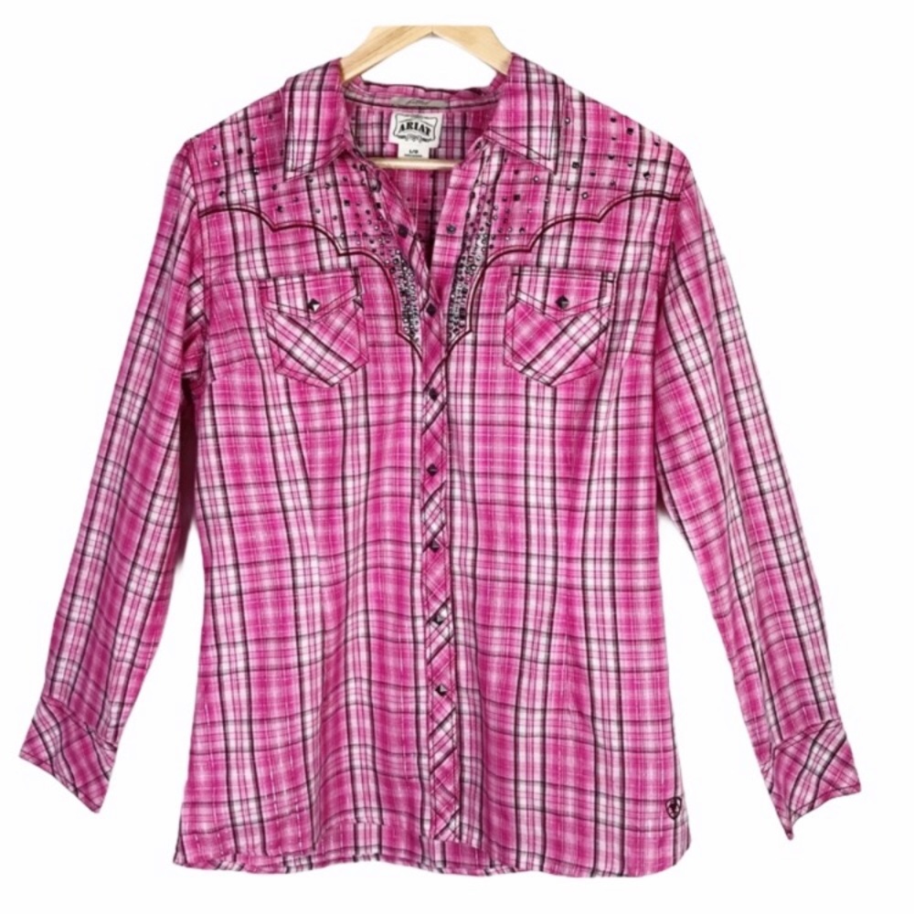 Ariat Plaid Shirt Horse Show Pink Western Snap L